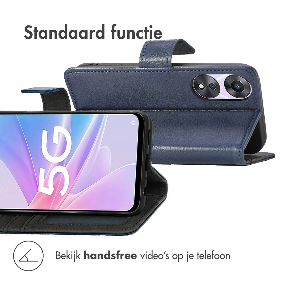 Étui de téléphone en cuir bleu foncé avec un téléphone. Le téléphone est à l'intérieur, ouvert.