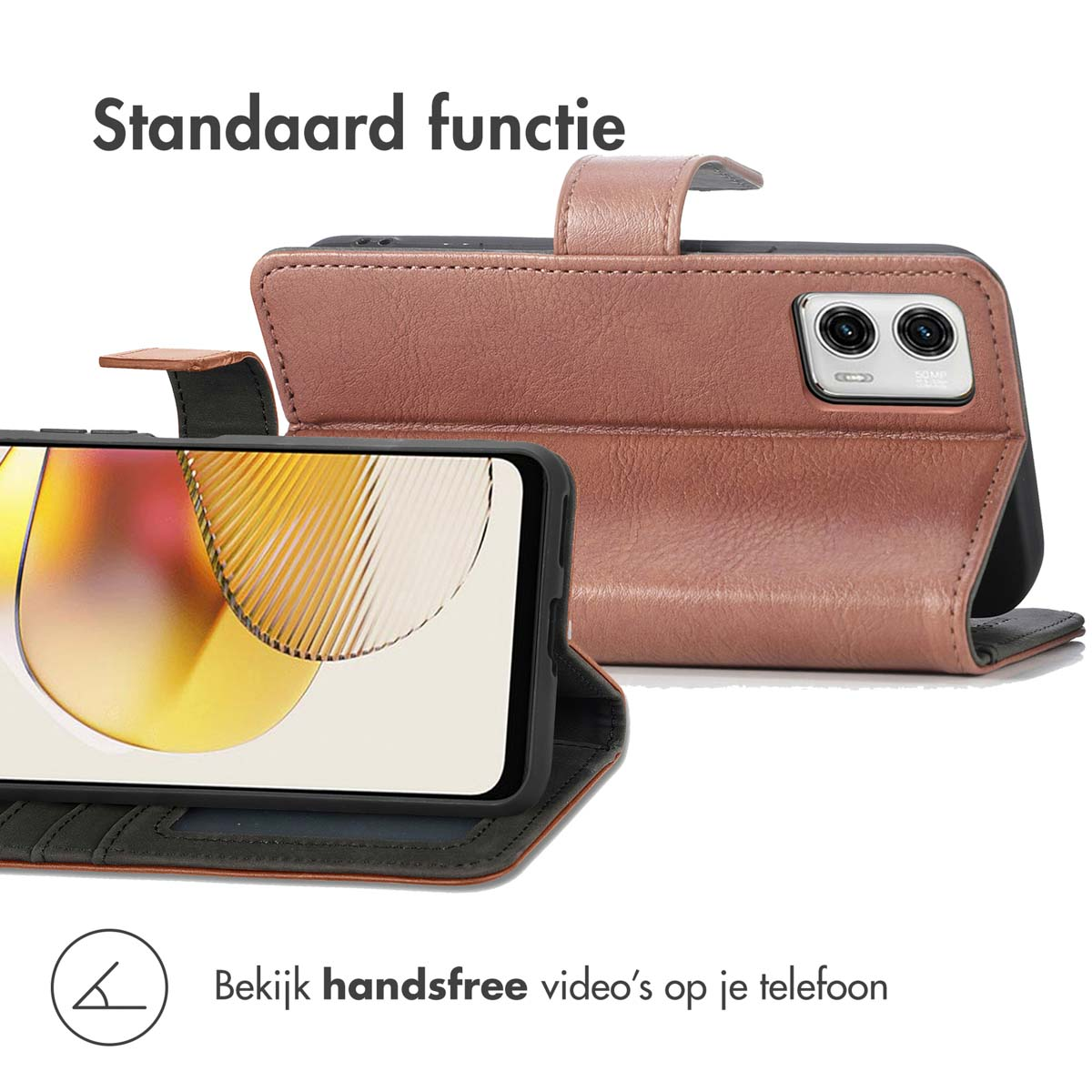 Roze telefoonhoes, open om een telefoon te tonen. De hoes heeft een standfunctie.