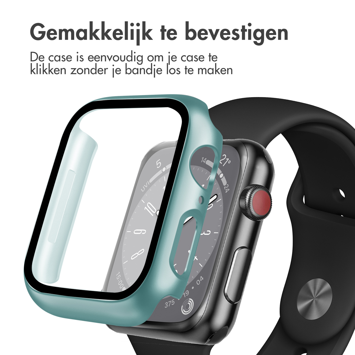 A teal protective case being placed on a black smartwatch. The case covers the watch's screen.
