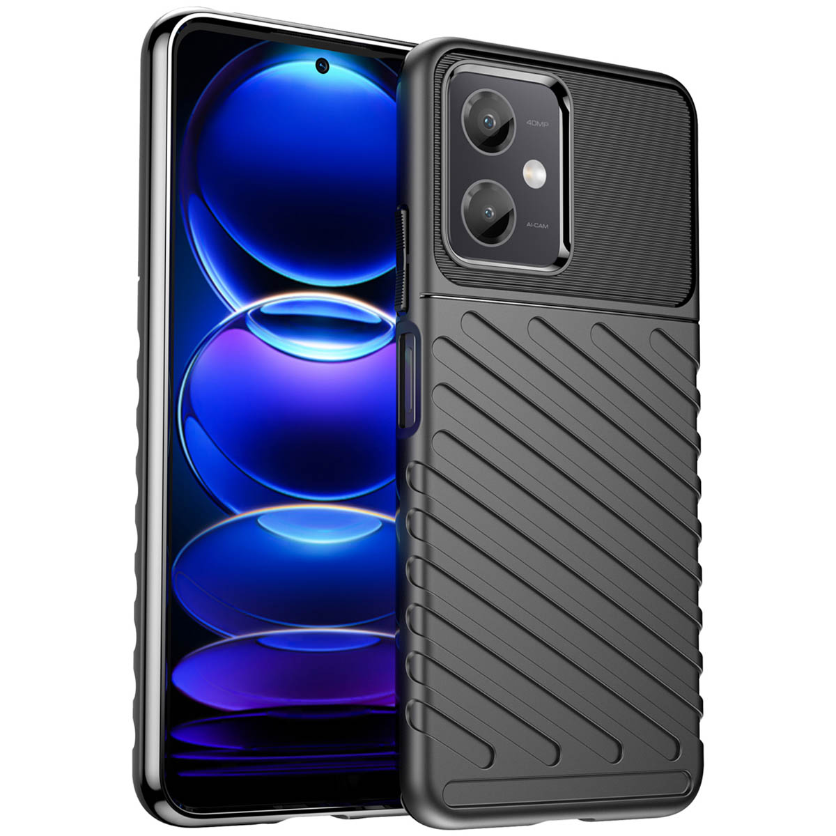 Un étui de téléphone noir avec un design texturé. Le téléphone est à l'intérieur de l'étui.
