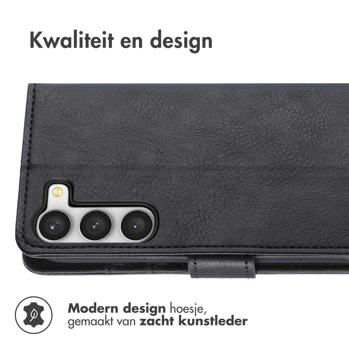 Étui en cuir noir avec découpe triple caméra, qualité et design moderne.