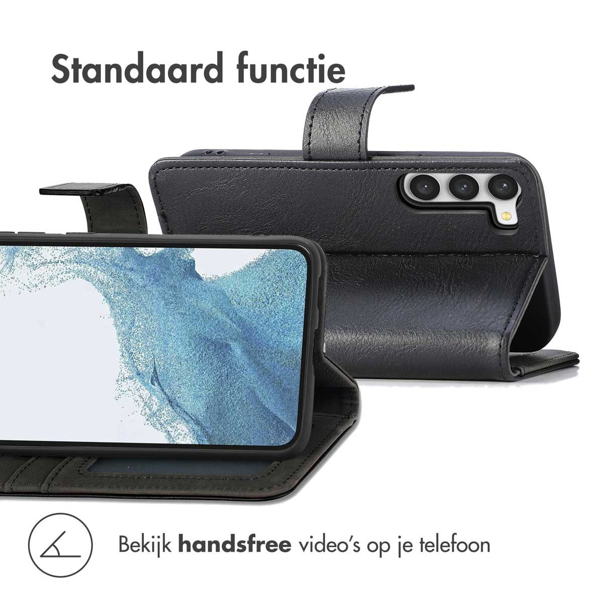 Étui noir pour téléphone avec téléphone sur pied pour regarder des vidéos sans les mains.