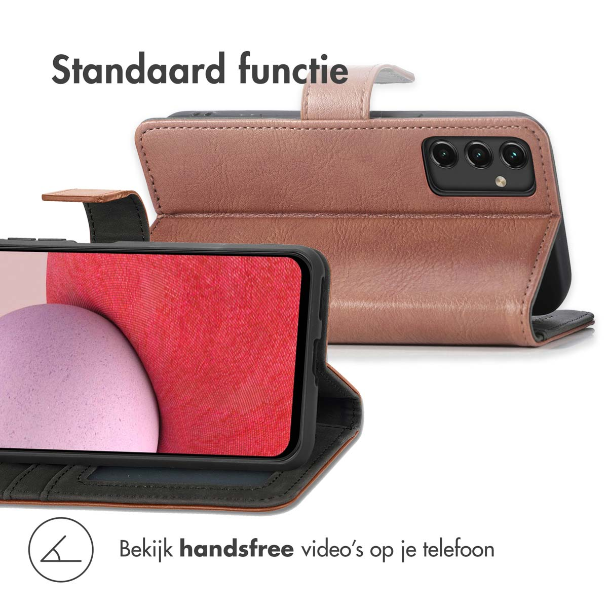 Bruine telefoonhoes in landschap met open scherm. Standaardfunctie.