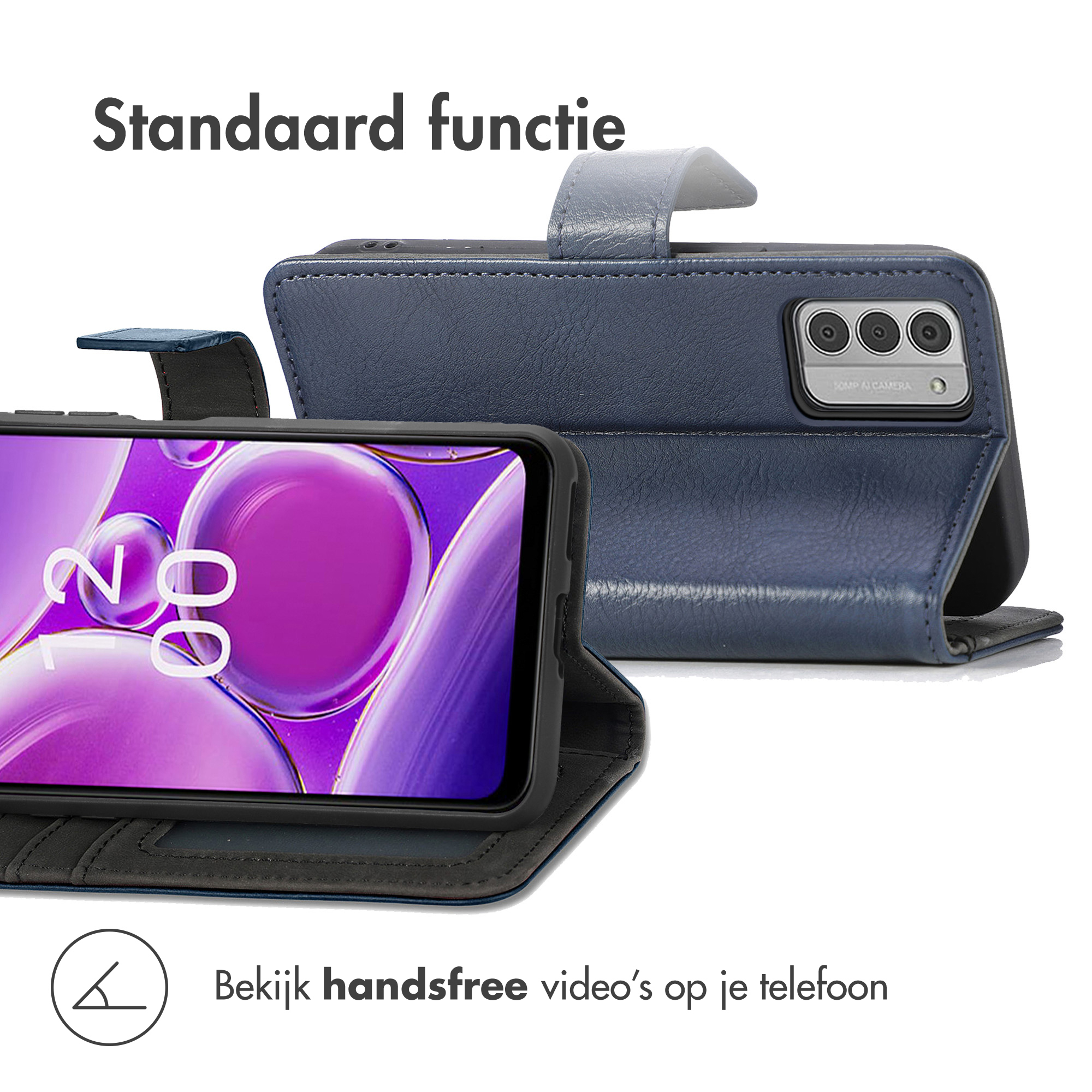 Donkerblauw telefoonhoesje met standaardfunctie en cameramodule.