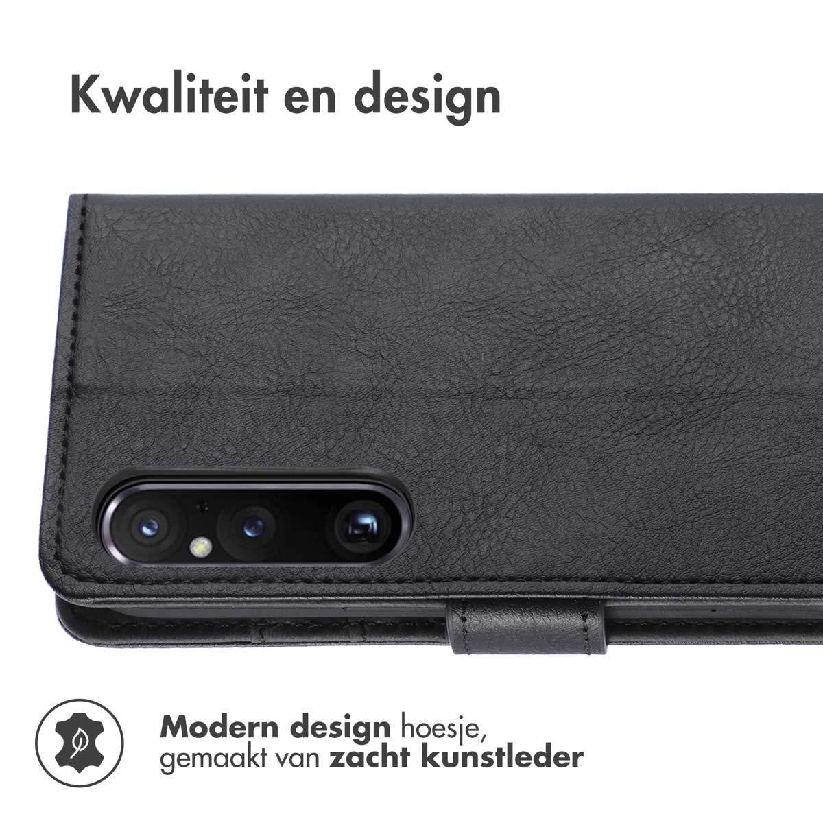 Étui de téléphone noir en similicuir avec inspection de caméra et logo.