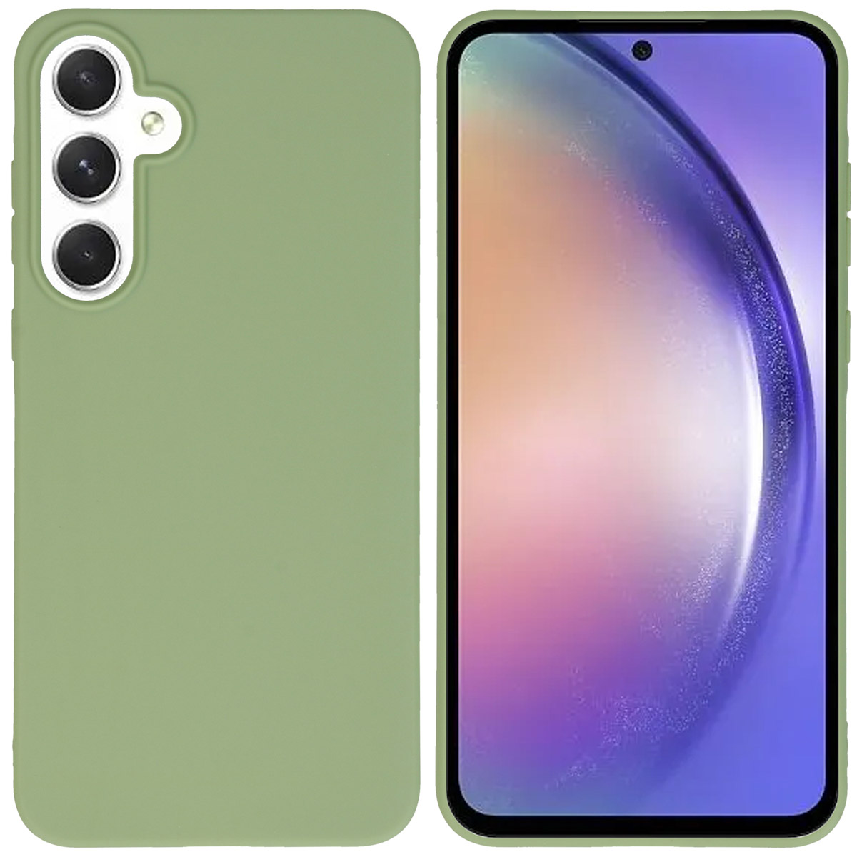 Une coque de téléphone verte avec une conception de caméra à triple objectif et un téléphone à l'intérieur.