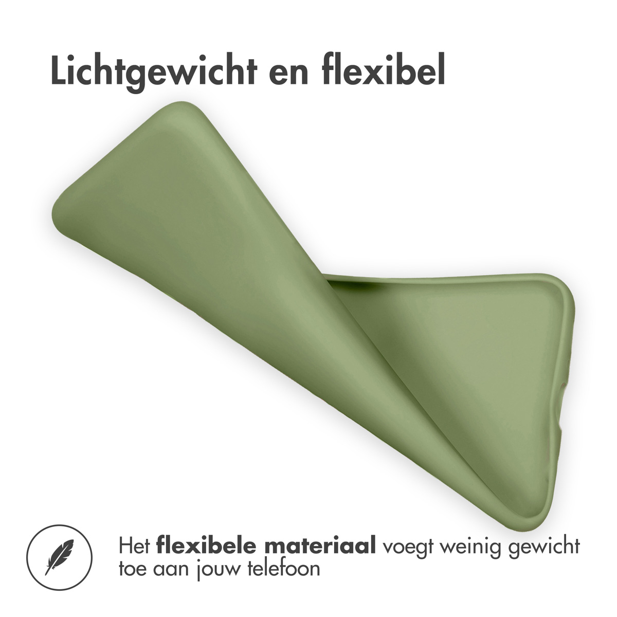 Telefoonhoesje, groen, flexibel, gebogen, witte achtergrond, tekst over flexibiliteit.