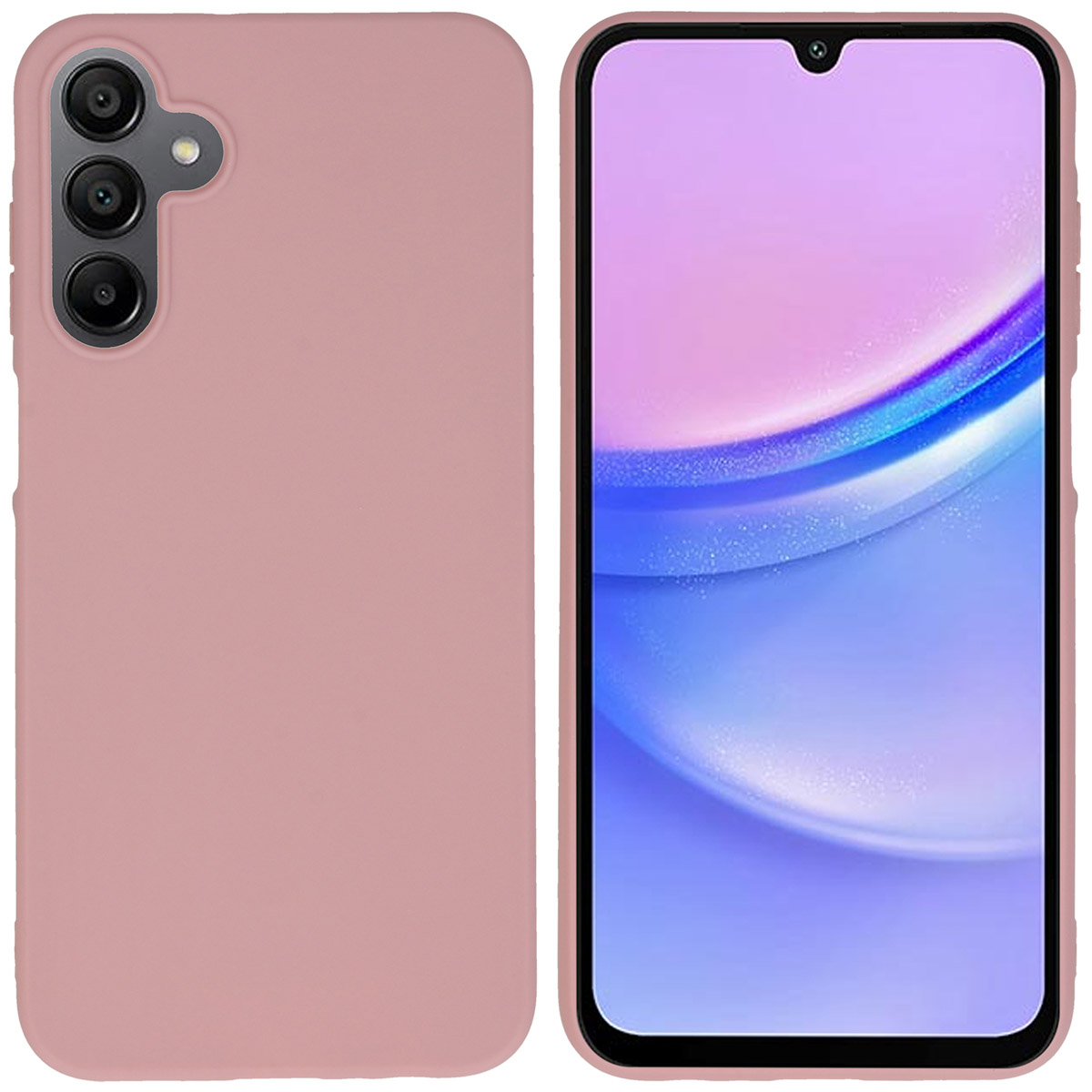 Coque de téléphone rose, vue latérale d'un téléphone et arrière avec trois caméras.