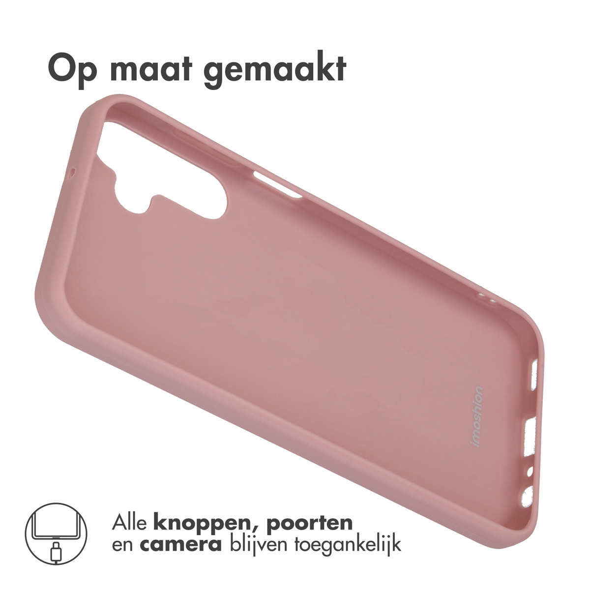 Une coque de téléphone rose avec des découpes pour les ports et la caméra.