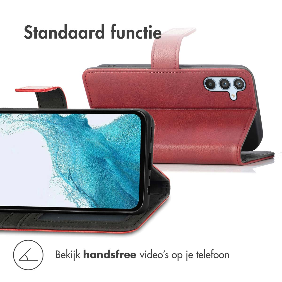 Een rode telefoonhoes met een telefoon erin. De telefoon toont een video.
