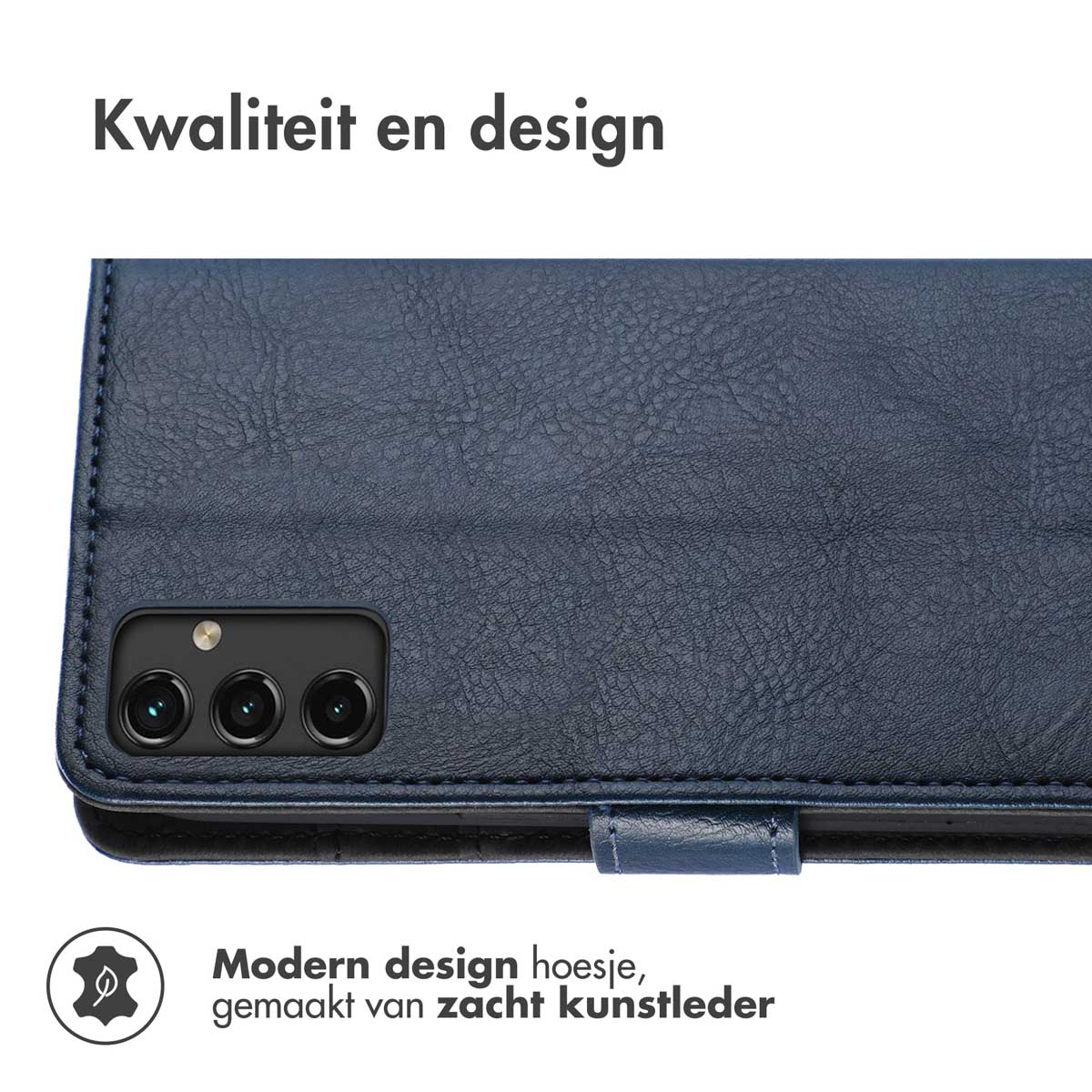 Donkerblauwe telefoonhoes met een telefoon erin. Het is gemaakt van zacht kunstleer. Het ontwerp is modern.