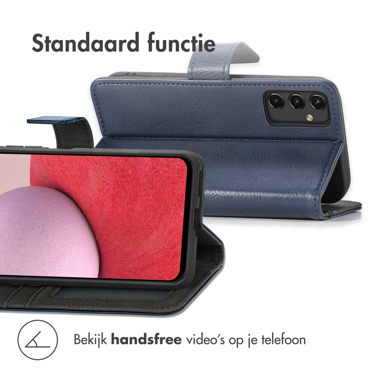 Een blauwe telefoonhoes met standaardfunctie en een smartphone met rood scherm.