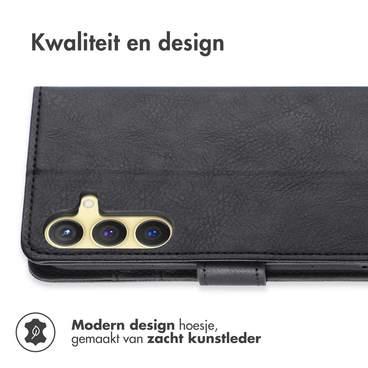 Zwarte telefoonhoes met telefoon erin. Tekst: Kwaliteit en design.