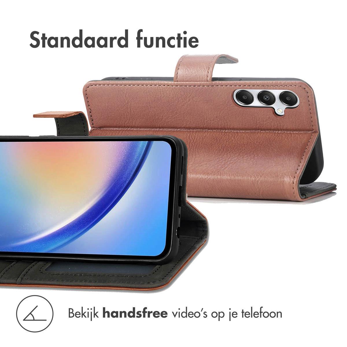 Telefoon in een bruine hoes. Tekst: bekijk handsfree video's op je telefoon.