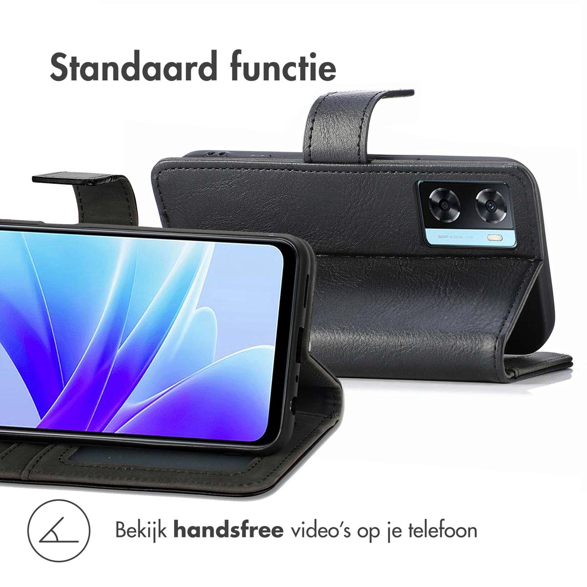 Étui de téléphone noir avec un téléphone à l'intérieur. L'écran du téléphone affiche une vidéo.