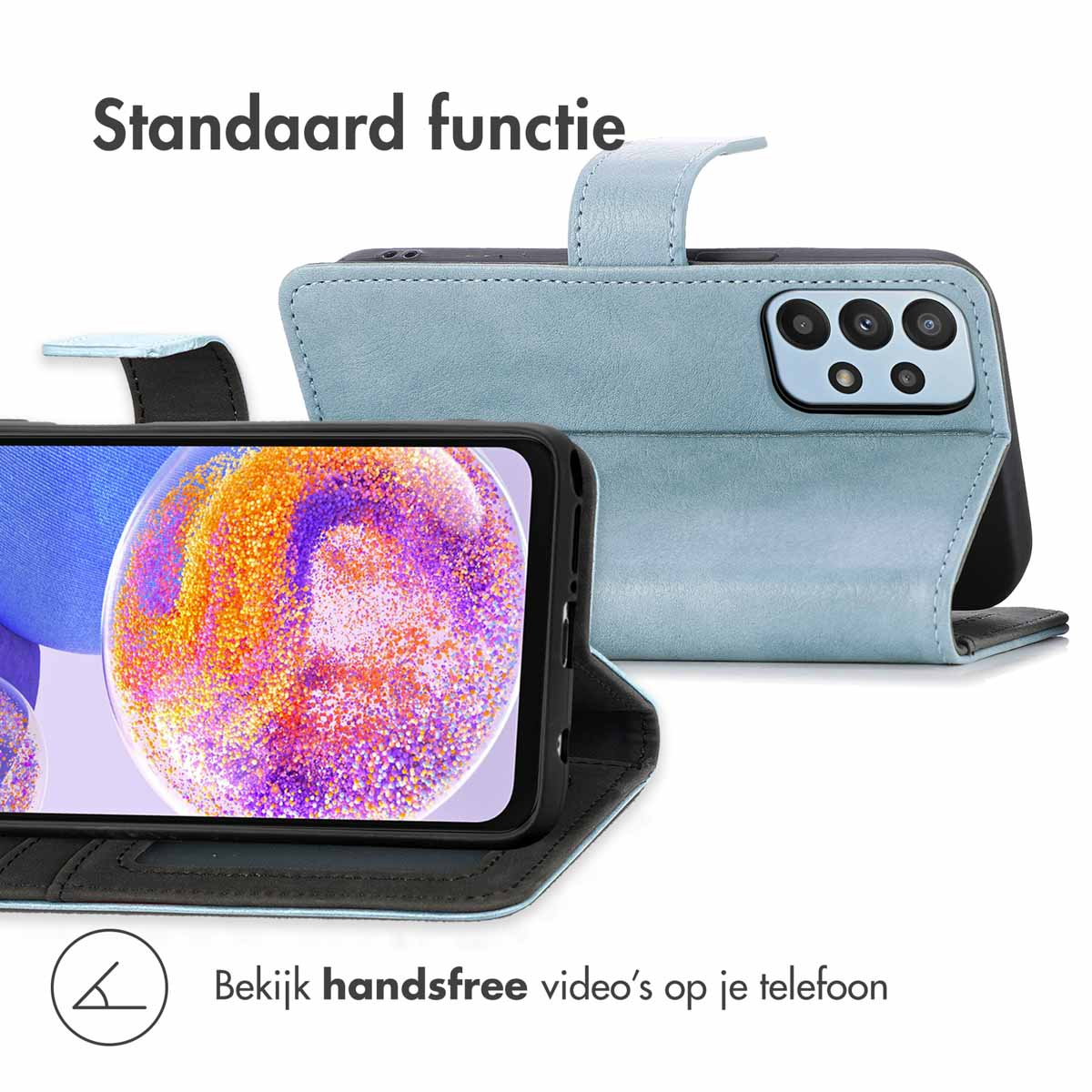Telefoon in een blauwe hoes. Tekst: bekijk handsfree video's op je telefoon.