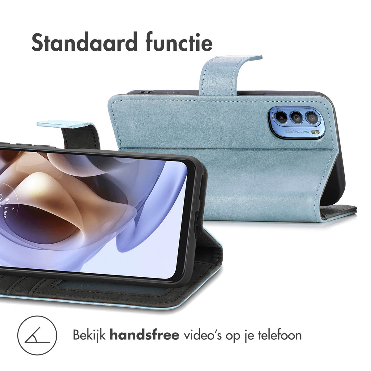 Étui de téléphone bleu clair ouvert montrant le téléphone et la fonction support.