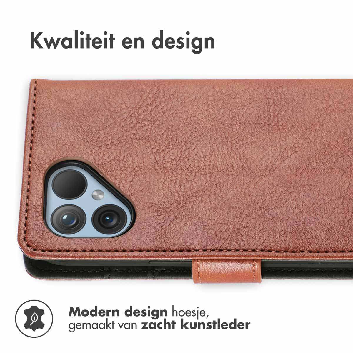 Braune Handyhülle mit Telefon darin. Text: Qualität und Design.
