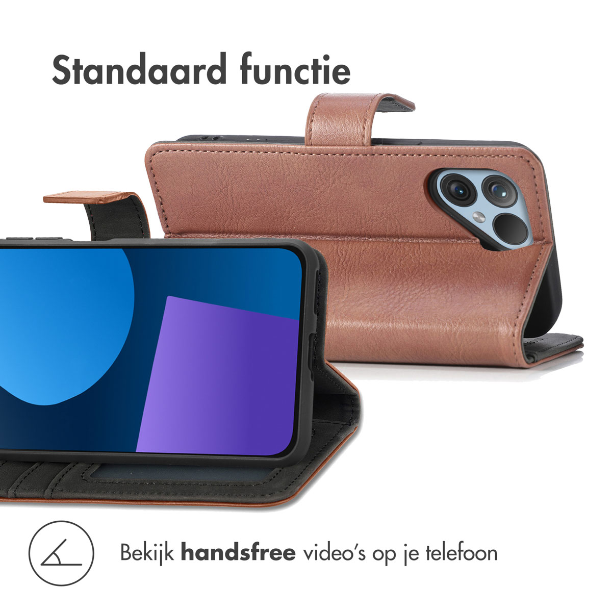 Ein braunes Leder-Flip-Case für ein Smartphone, das als Ständer verwendet wird.
