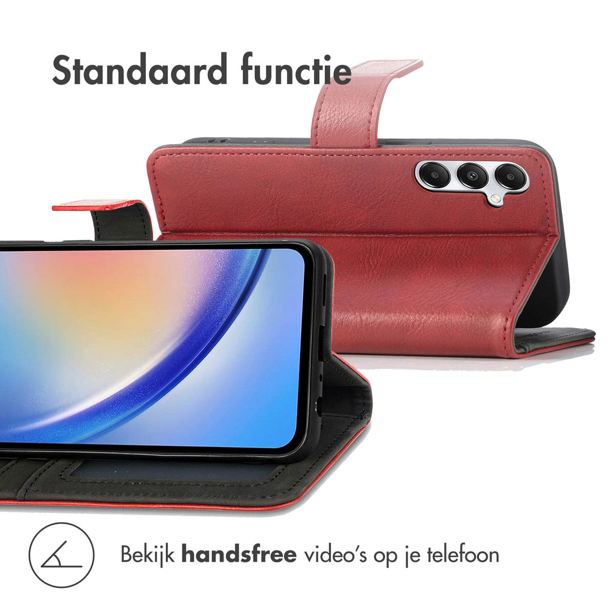 Een rode telefoonhoes met een telefoon erin. De telefoon toont een blauw en wit beeld. Tekst zegt 'Standaard functie'.