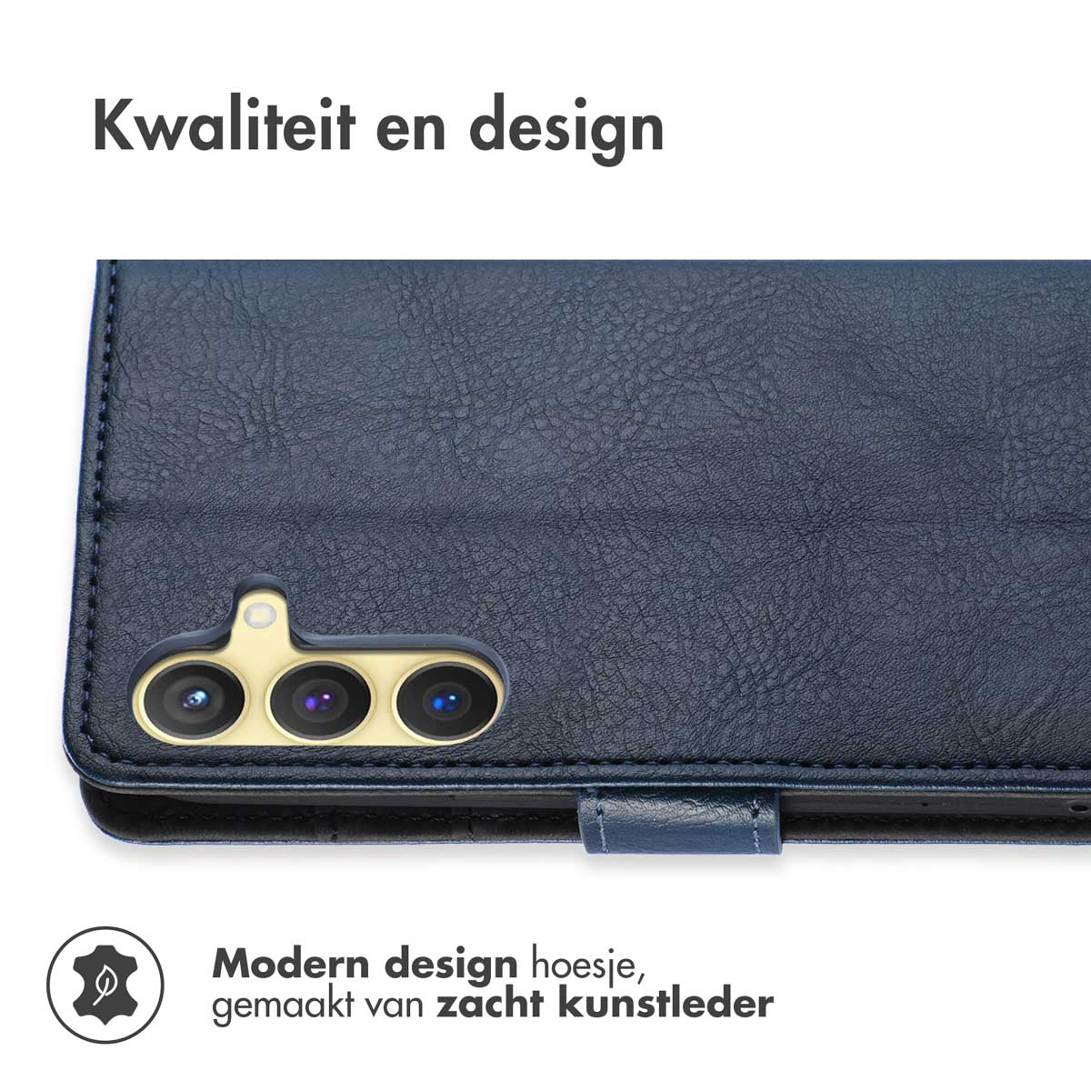 Een telefoonhoesje met een blauwe leren buitenkant. Het ontwerp is modern en gemaakt van zacht leer.