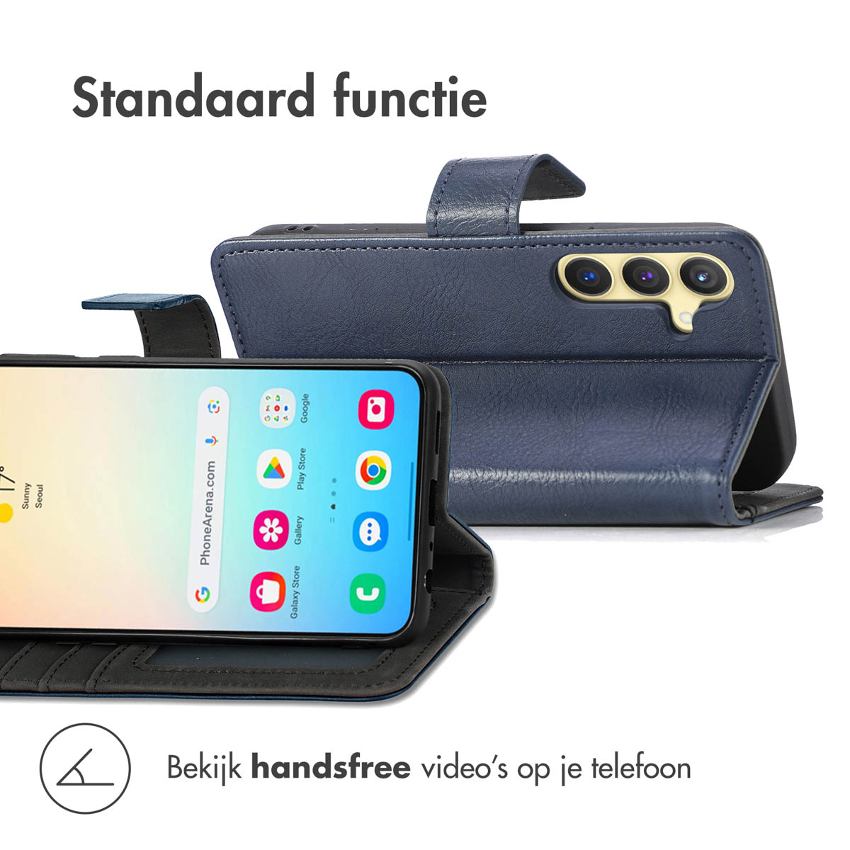 Een telefoon in een blauwe leder-stijl hoes, open, het scherm met app-iconen en een standaard tonend.