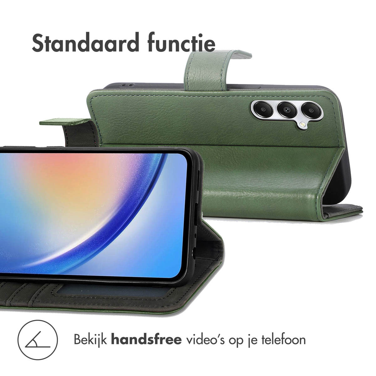 Groene telefoonhoes met standaardfunctie en smartphone-display.
