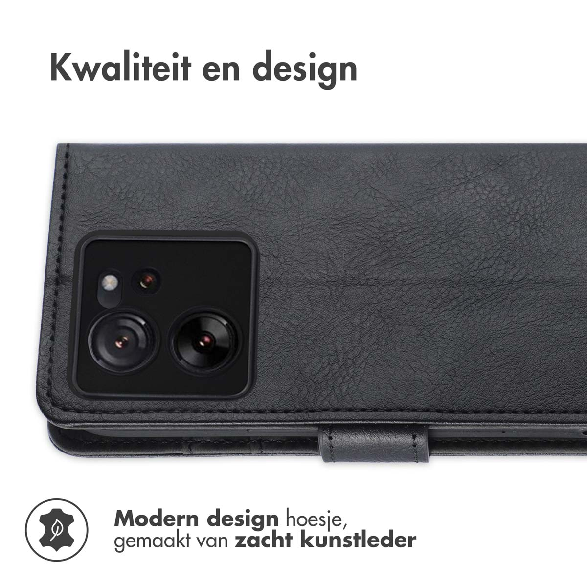 Custodia nera con telefono e fotocamera visibili. In pelle. Testo: 'Kwaliteit en design'.