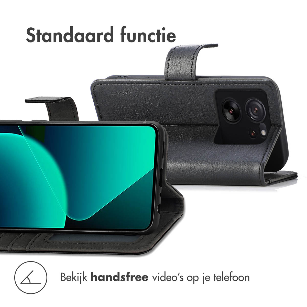 Custodia nera per telefono in funzione supporto, con telefono e fotocamere visibili.