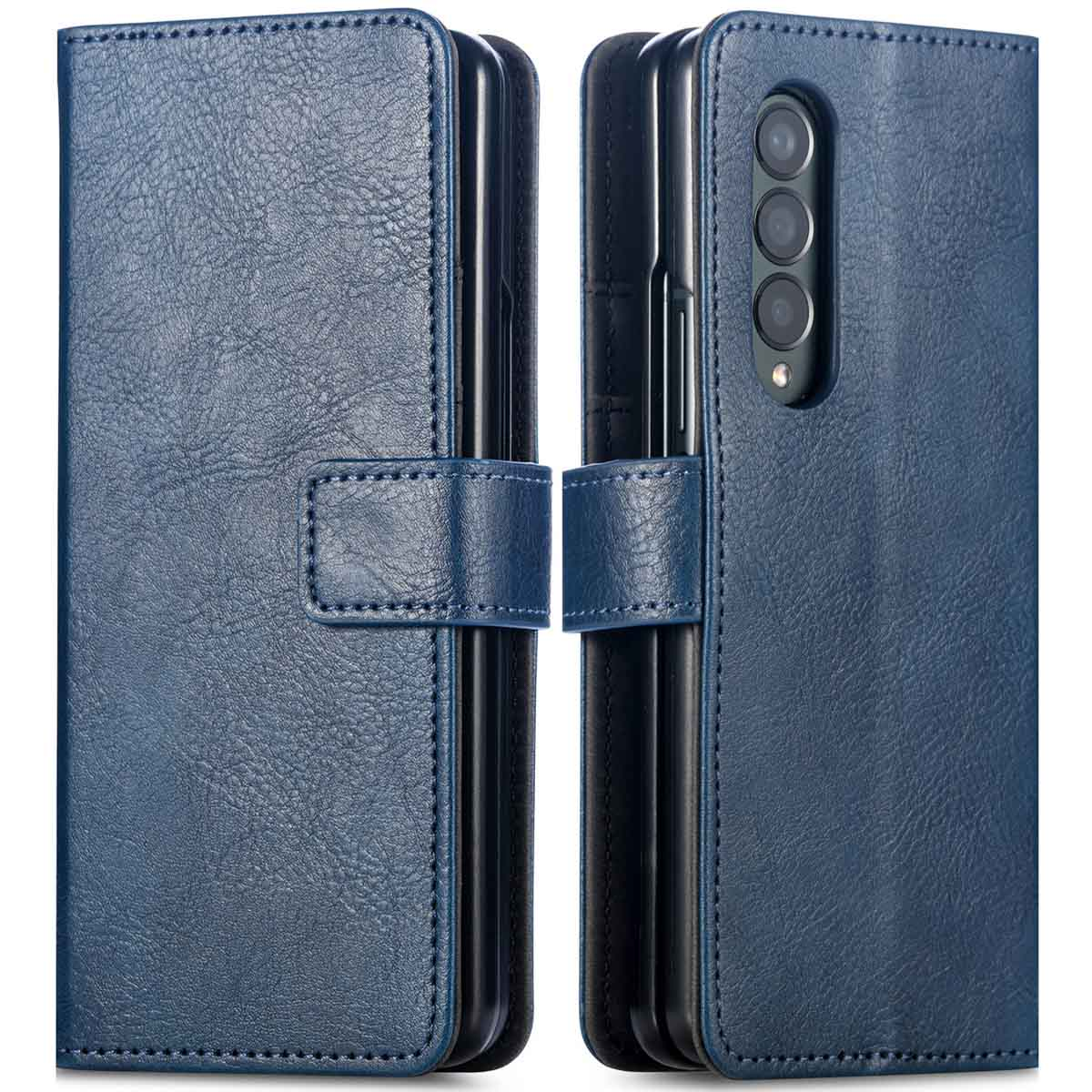 Een blauwe lederen telefoonhoes, gesloten en open, met een telefoon erin. De hoes heeft een magneetsluiting.