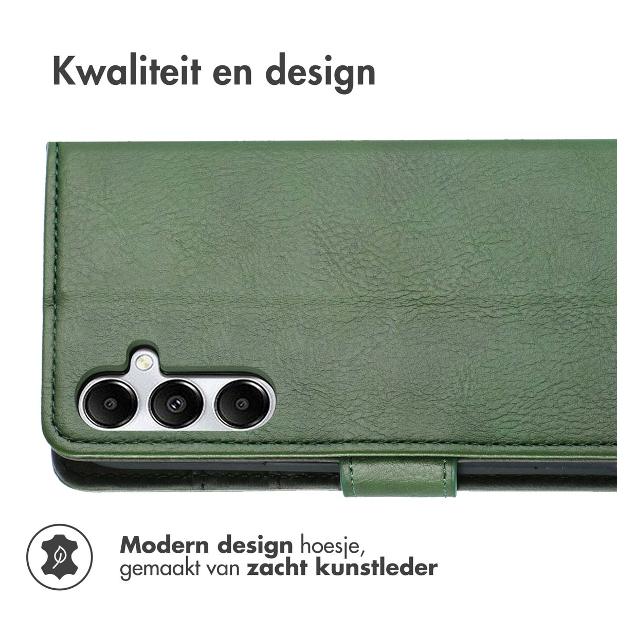 Groene kunstleren telefoonhoes met drie cameralenzen, tekst in het Nederlands.