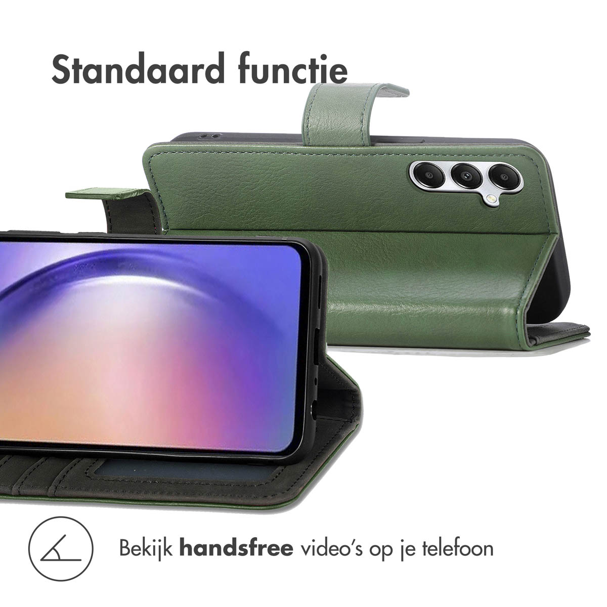 Groen flip telefoonhoesje met standaardfunctie en telefoon.