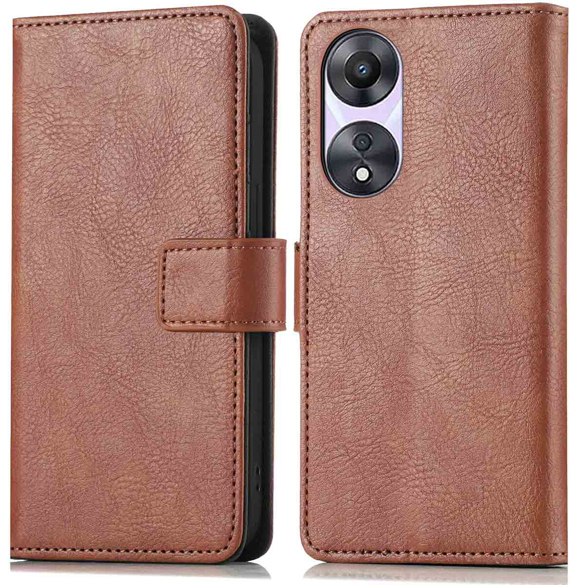 Bruine leren telefoonhoes, open om een bruine telefoon met twee camera's te laten zien.