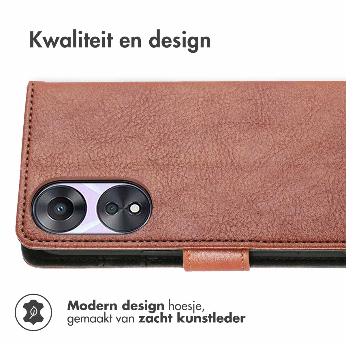 Een bruine telefoonhoes. Tekst: Modern design, gemaakt van zacht kunstleer.
