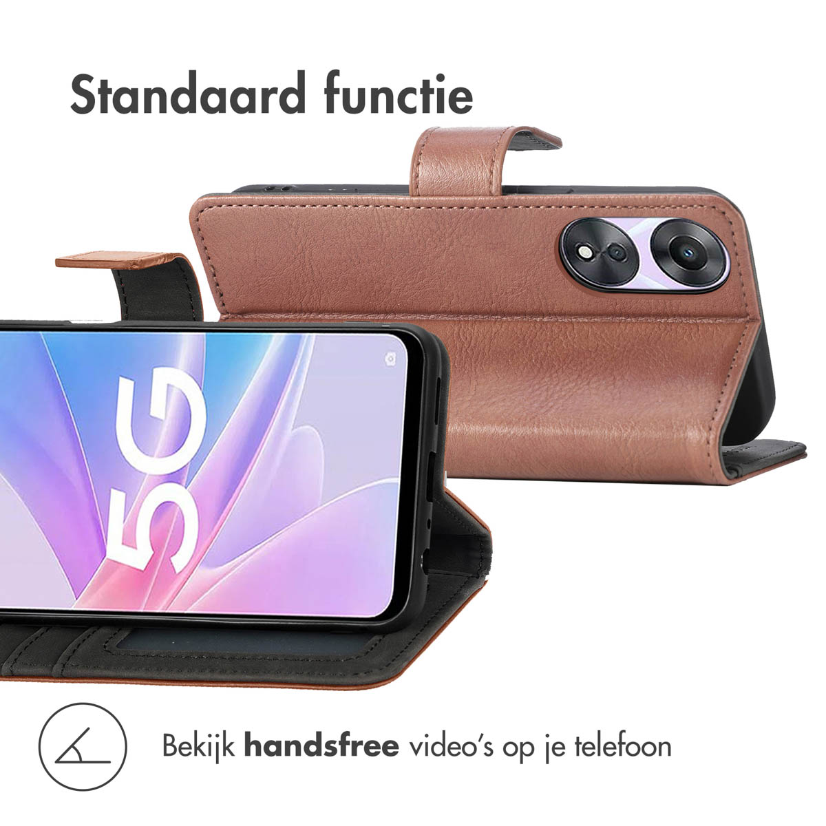 Bruine leren flip case voor smartphone met 5G-display en standaardfunctie.