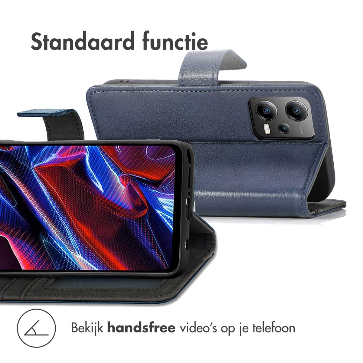 Coque bleue avec téléphone. La coque est ouverte, montrant l'écran. Texte : 'vidéos mains libres'.