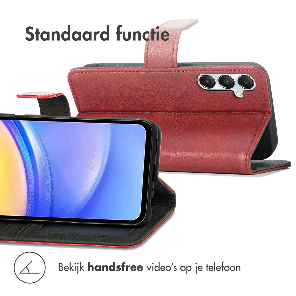 Een rode telefoonhoes houdt een telefoon met een blauw-wit scherm vast. De hoes is open en toont de telefoon en de functies.