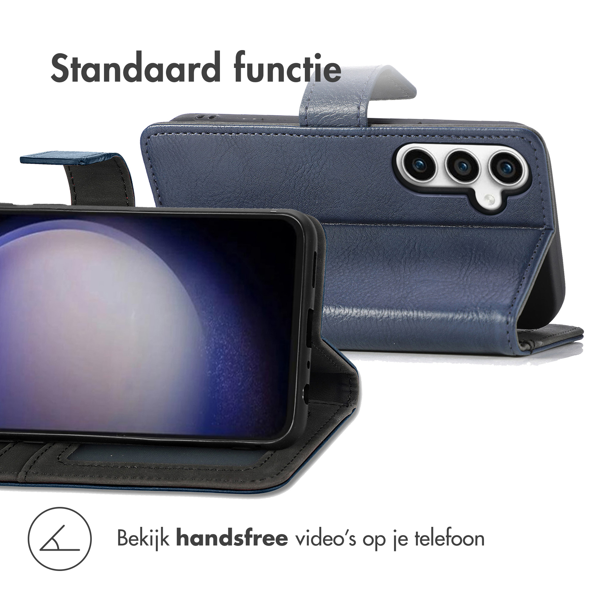 Een blauw telefoonhoesje met drie camera's en standaardfunctie.