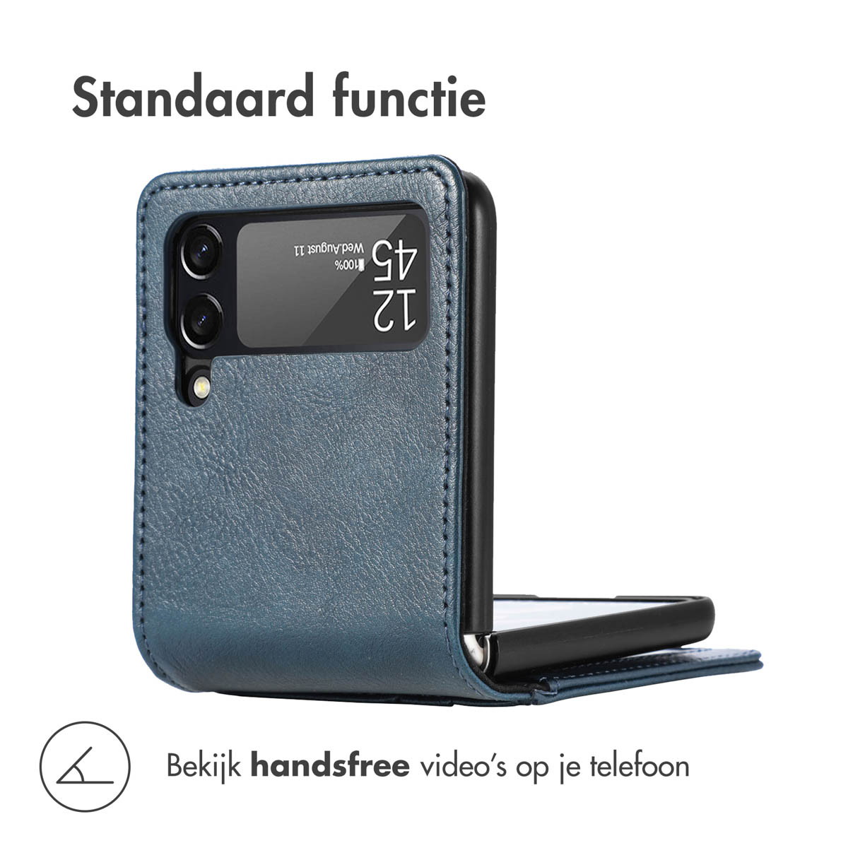 Blauw flip telefoonhoesje met raam voor tijd/datum. Functioneert als standaard.