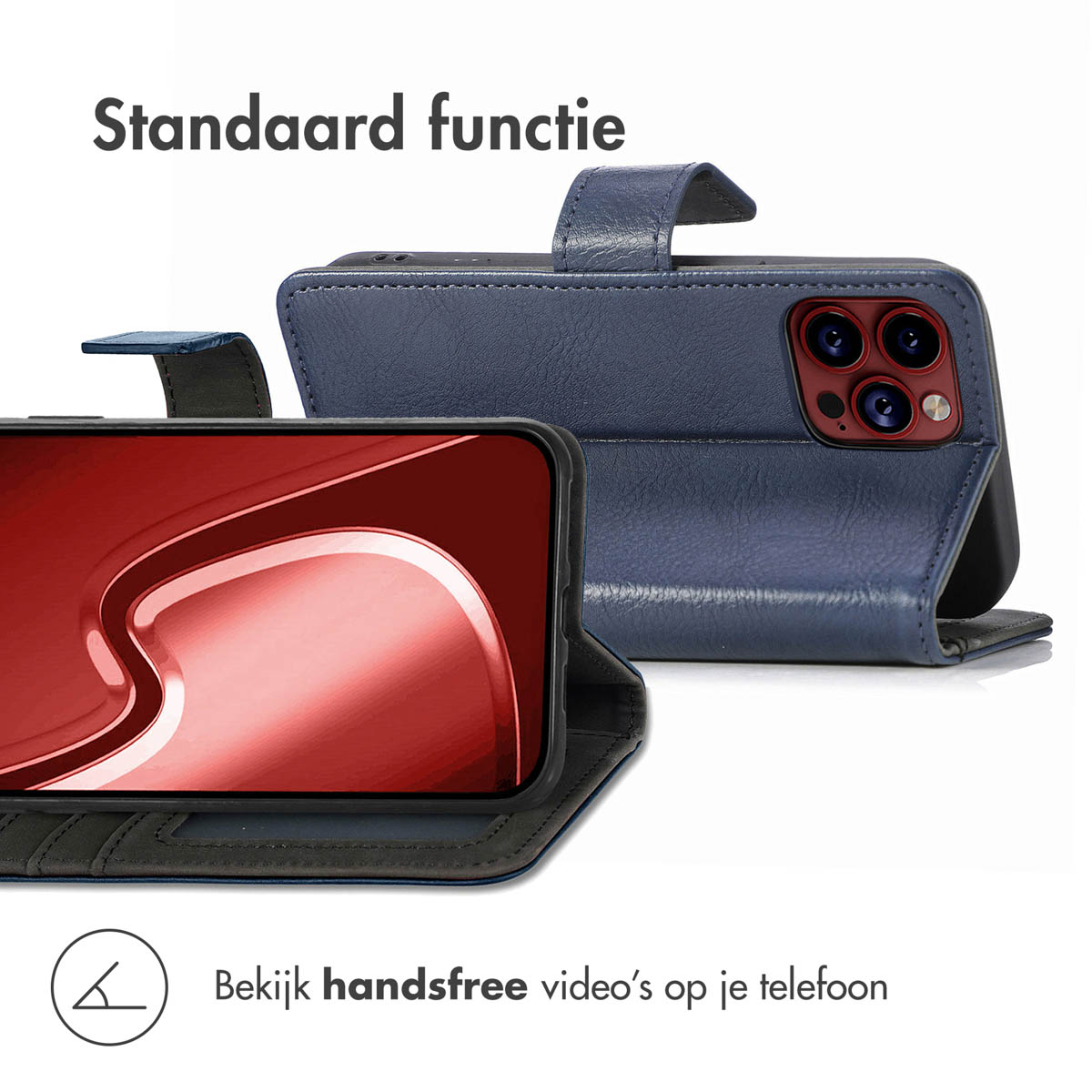 Blaue Handyhülle mit Telefon. Text: Standardfunktion. Sehen Sie sich freihändige Videos auf Ihrem Telefon an.