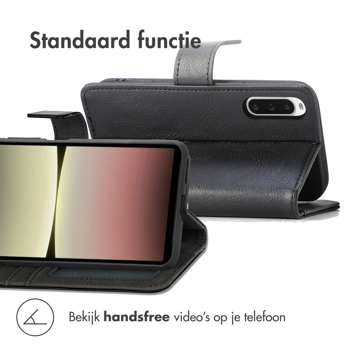 Zwarte telefoonhoes open, met standaardfunctie en camerapaneel.