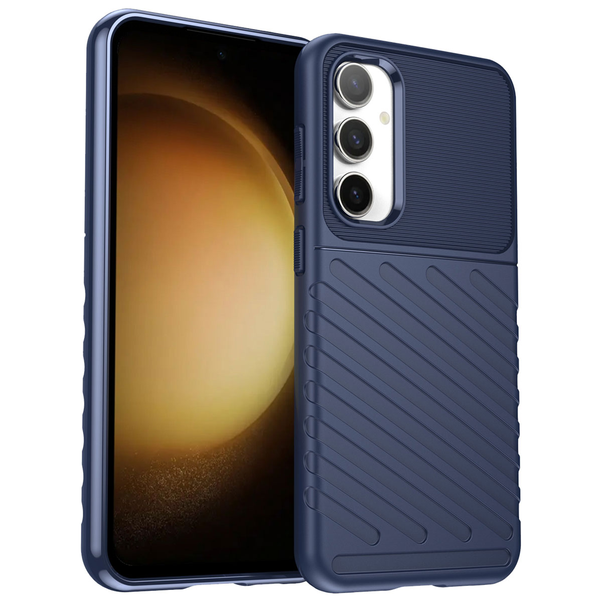 Un téléphone bleu avec une coque bleue, montrant la caméra du téléphone.
