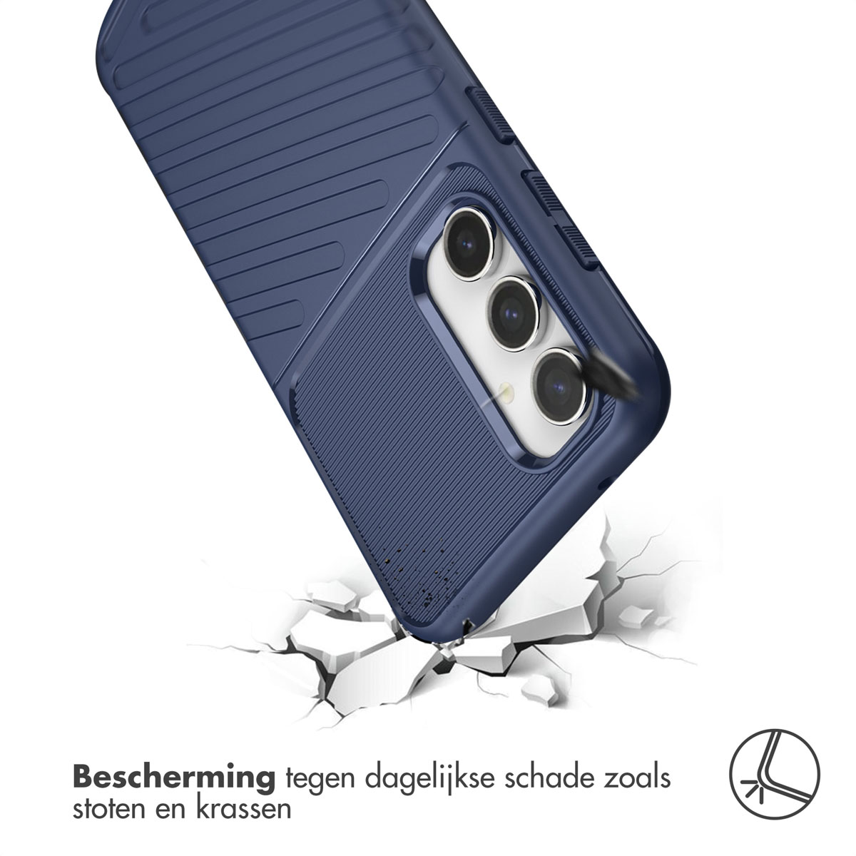 Coque bleue tombant, fissurant une surface. Texte : 'Protection contre les dommages quotidiens comme les chocs et rayures'.