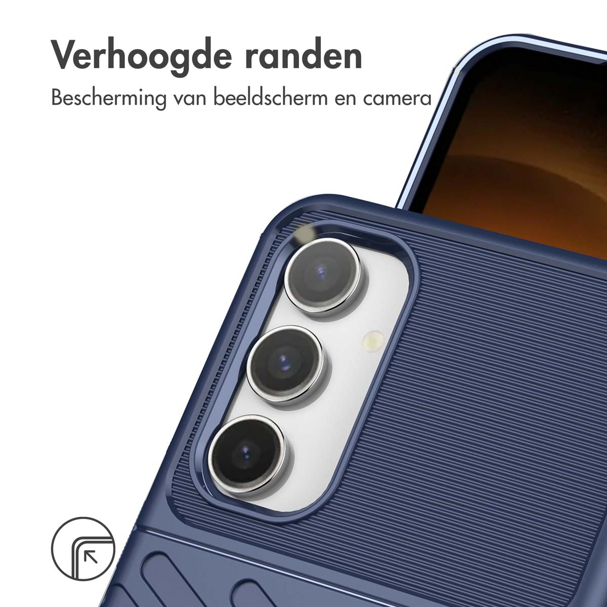Coque bleue avec découpes caméra. Bords surélevés pour écran et caméra. Vue en angle.