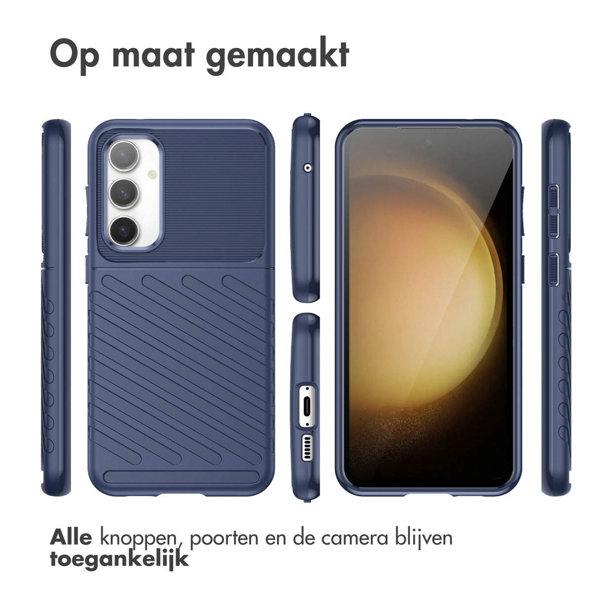 Une coque de téléphone bleu marine avec un téléphone à l'intérieur. La coque a un design texturé avec plusieurs angles.