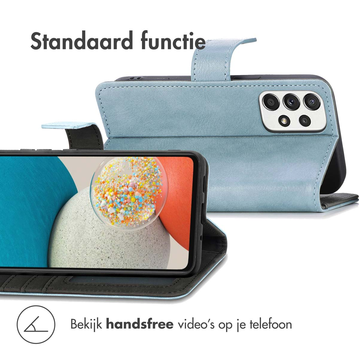 Blaue Handyhülle mit Ständerfunktion, zeigt Telefon mit bunten Süßigkeiten.