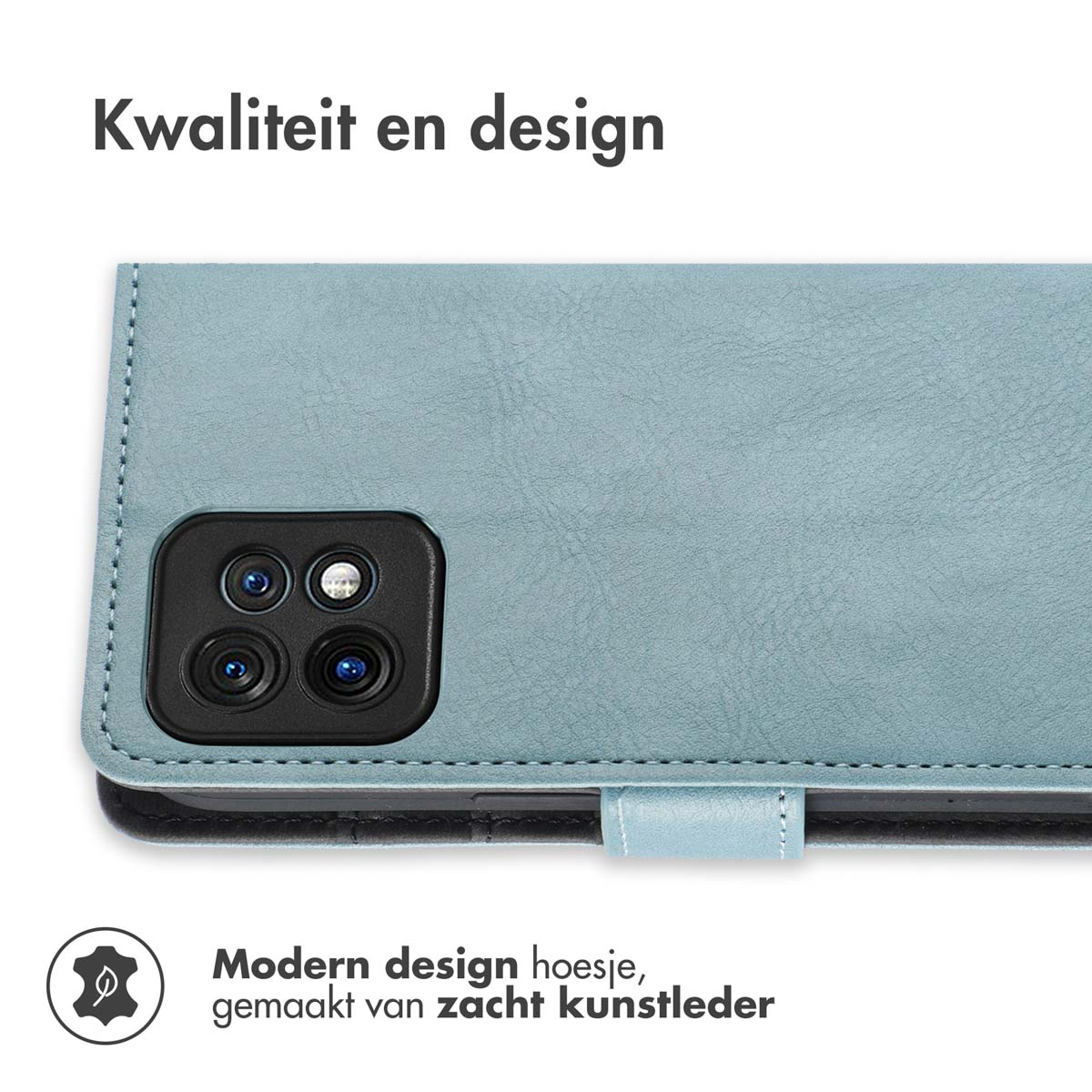 Lichtblauwe telefoonhoes, open, met de telefoon en camera's.