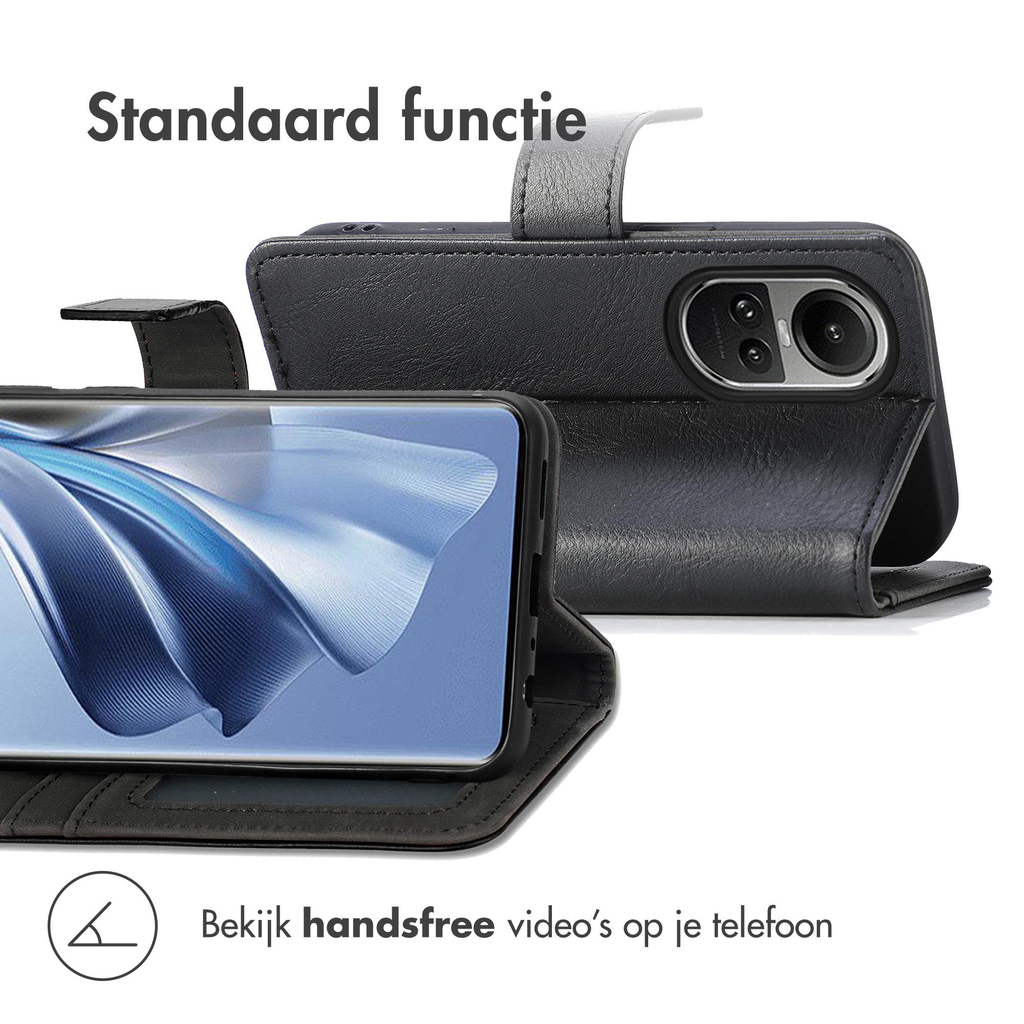 Een zwarte telefoon in een leren hoes, ingesteld in stand-modus. Een icoon toont een hoek.