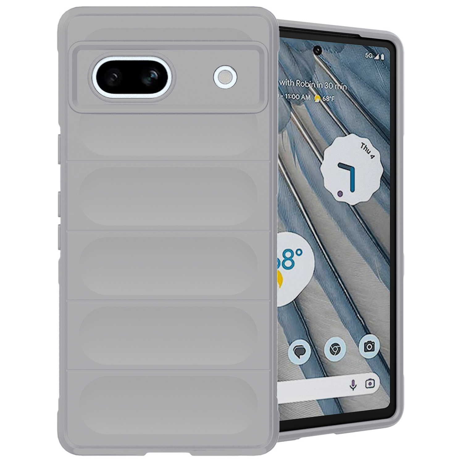 Eine graue Handyhülle mit einem Telefon darin. Die Hülle hat Rippen und liegt auf einer weißen Oberfläche.