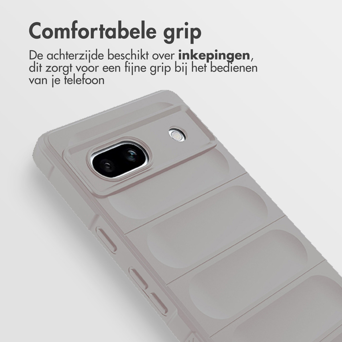 Eine graue Handyhülle. Text: Die Rückseite hat Aussparungen, dies sorgt für einen guten Griff.